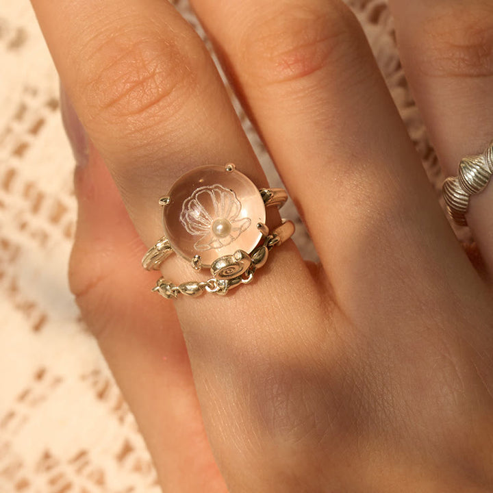 Bague en cristal transparent avec motif de coquillage et de perles Olivenorma