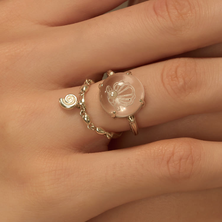Bague en cristal transparent avec motif de coquillage et de perles Olivenorma