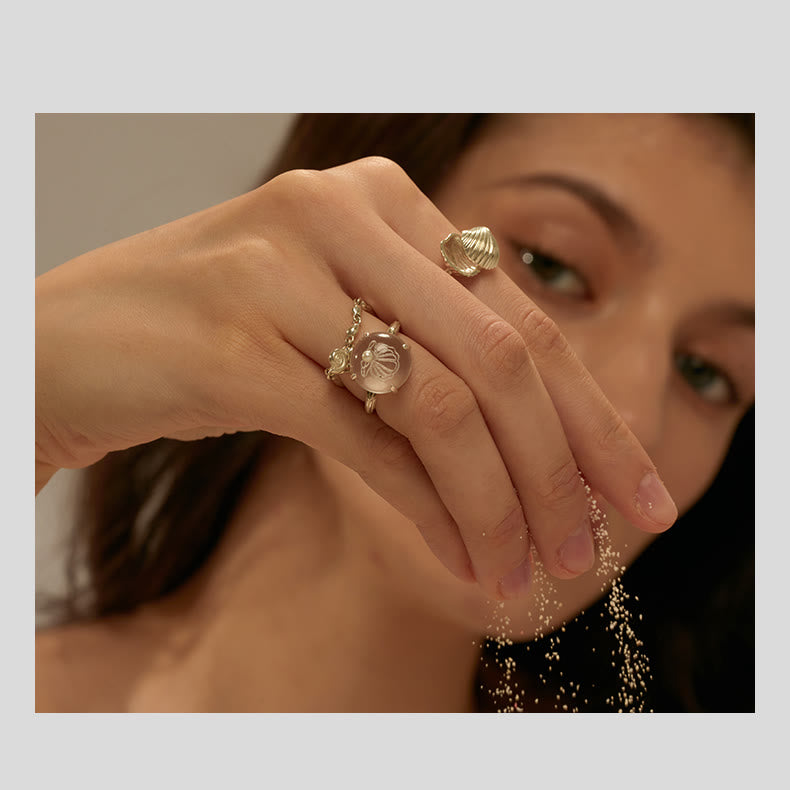 Bague en cristal transparent avec motif de coquillage et de perles Olivenorma