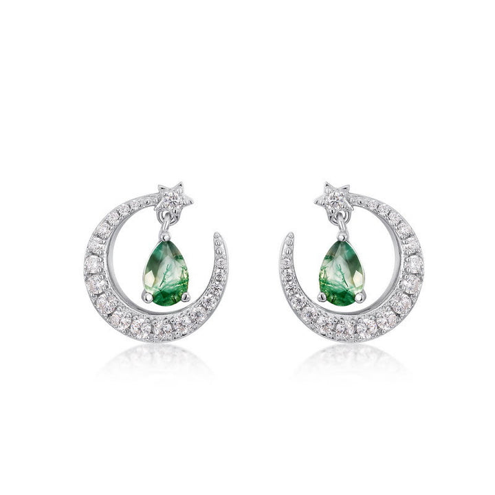 Boucles d'oreilles en forme de ménisque en agate mousse et zircon blanc Olivenorma