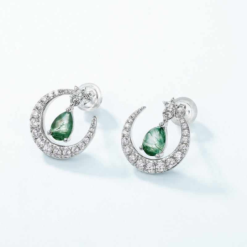 Boucles d'oreilles en forme de ménisque en agate mousse et zircon blanc Olivenorma