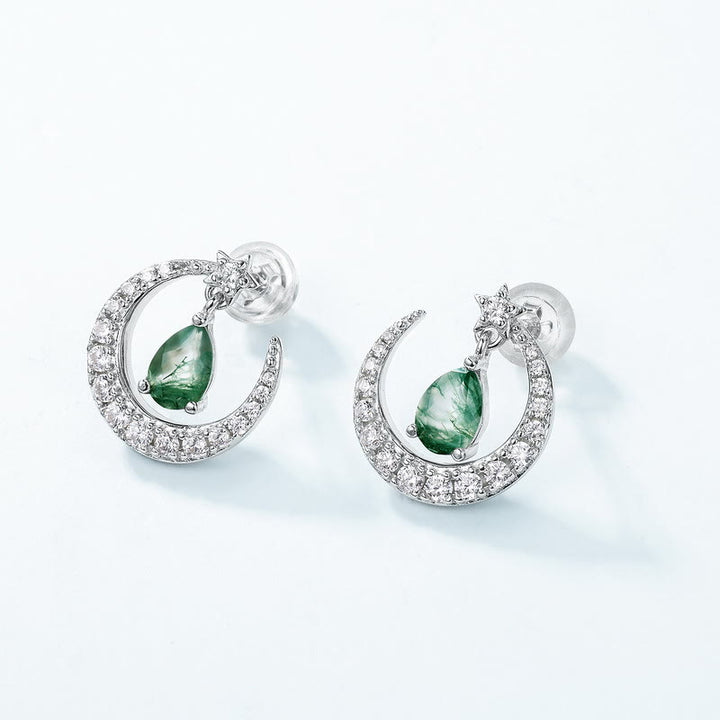Boucles d'oreilles en forme de ménisque en agate mousse et zircon blanc Olivenorma