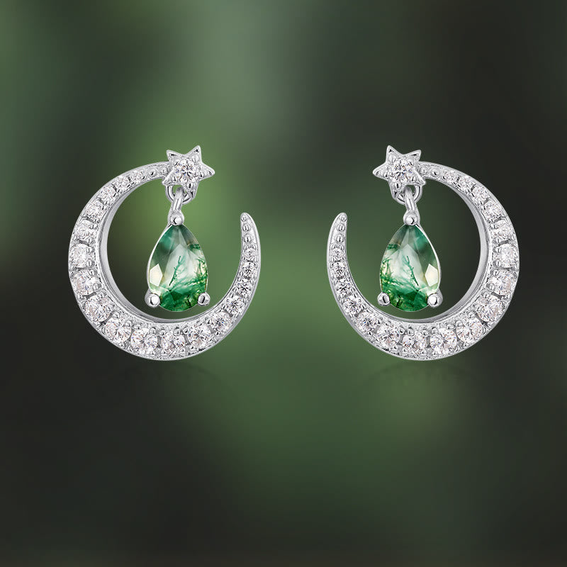 Boucles d'oreilles en forme de ménisque en agate mousse et zircon blanc Olivenorma