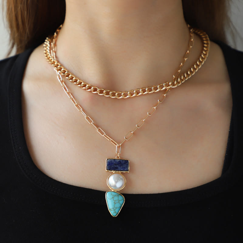 Ensemble de bijoux avec pendentif en sodalite bleue et perle turquoise irrégulière Olivenorma