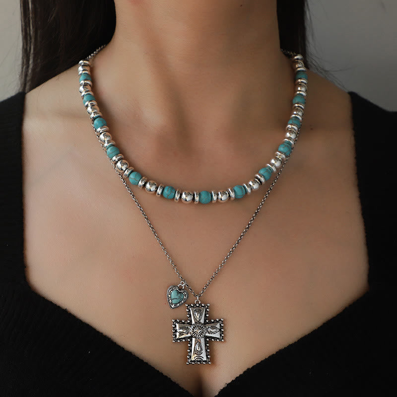 Ensemble de bijoux en alliage avec pendentif en forme de cœur et croix turquoise Olivenorma