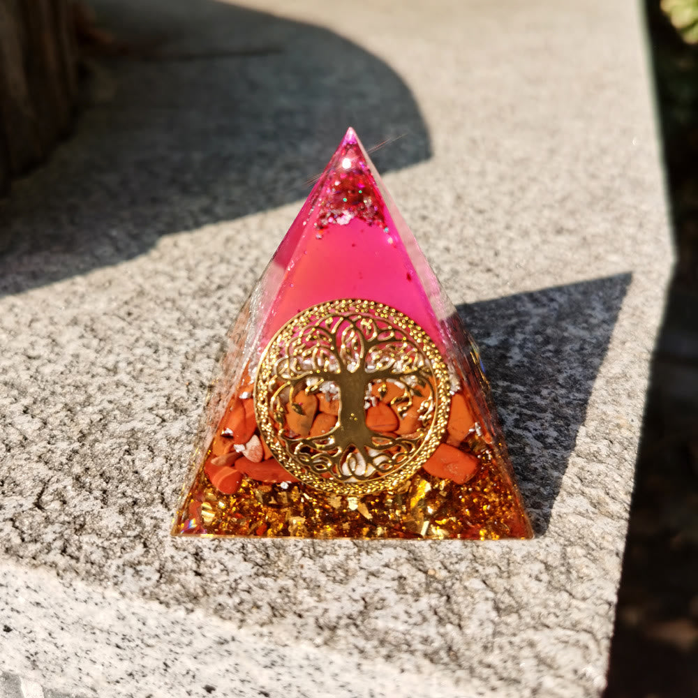 Pyramide d'orgone de l'arbre de vie en cristal rose et jaspe rouge Olivenorma