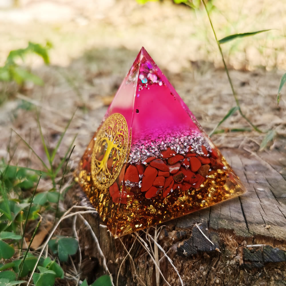 Pyramide d'orgone de l'arbre de vie en cristal rose et jaspe rouge Olivenorma