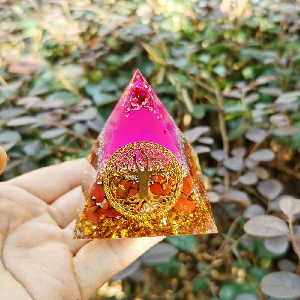 Pyramide d'orgone de l'arbre de vie en cristal rose et jaspe rouge Olivenorma