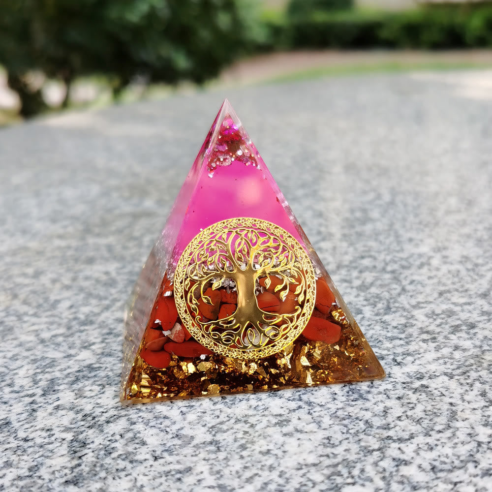 Pyramide d'orgone de l'arbre de vie en cristal rose et jaspe rouge Olivenorma