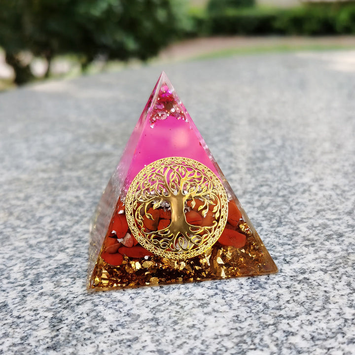 Pyramide d'orgone de l'arbre de vie en cristal rose et jaspe rouge Olivenorma