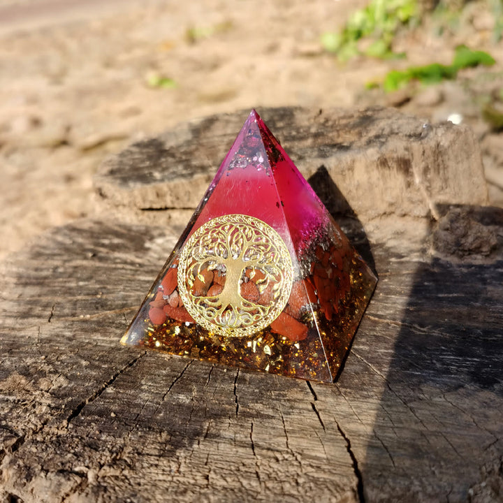Pyramide d'orgone de l'arbre de vie en cristal rose et jaspe rouge Olivenorma