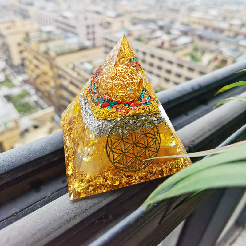 Pyramide d'orgone fleur de vie en citrine Olivenorma