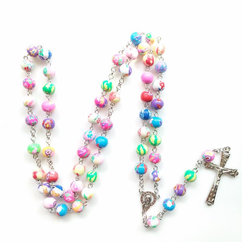 Collier chapelet croix en perles d'argile polymère de couleur Olivenorma