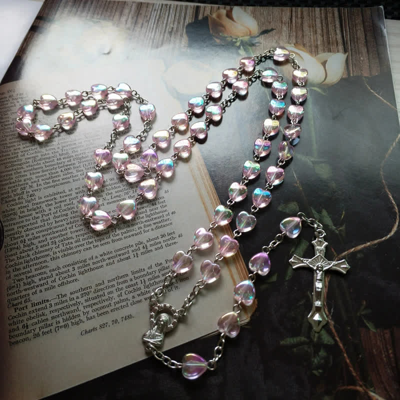 Collier chapelet en perles de cœur en acrylique rose Olivenorma