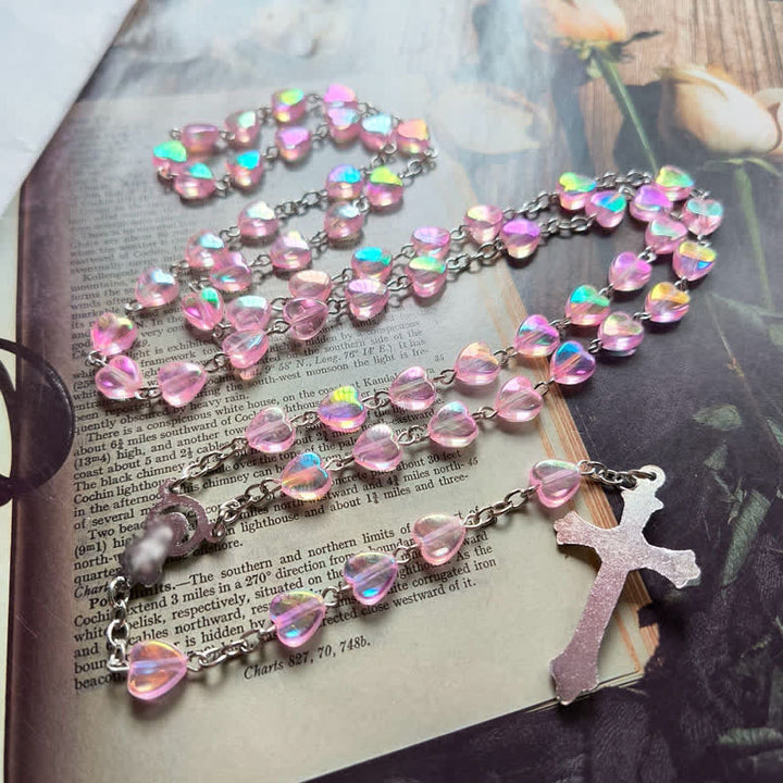 Collier chapelet en perles de cœur en acrylique rose Olivenorma