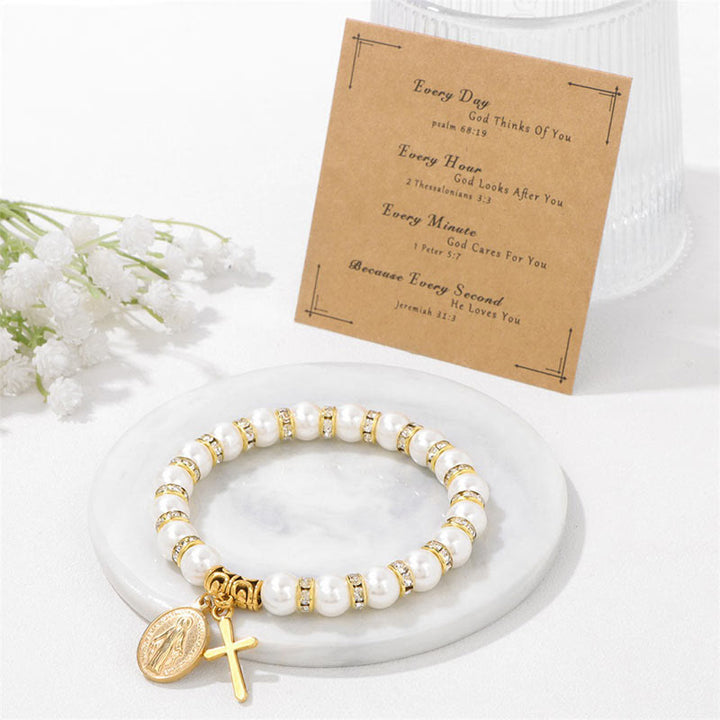 Bracelet en perles de coquillage blanc avec croix chrétienne Olivenorma