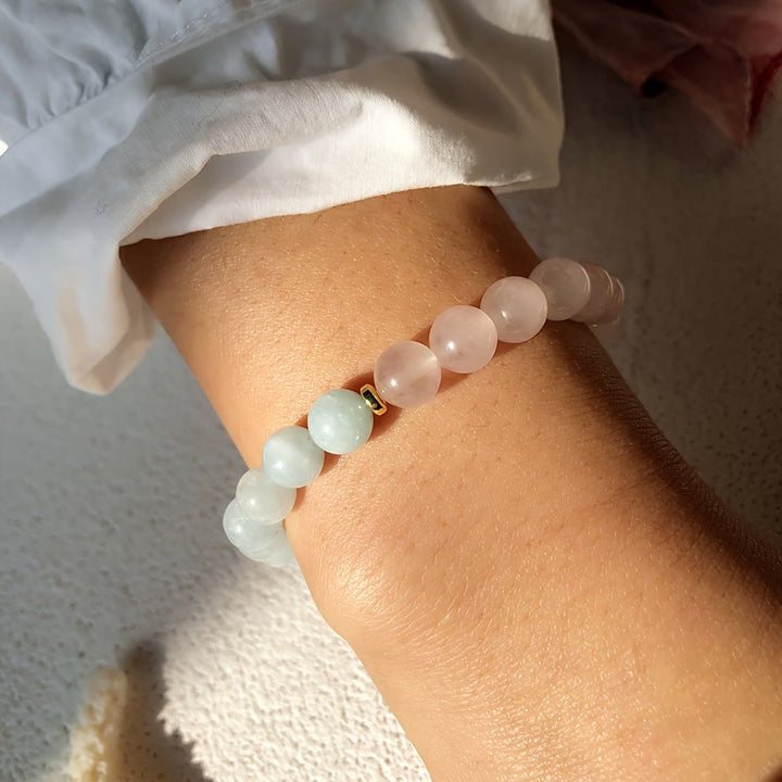Bracelet élastique en perles d'aigue-marine et de quartz rose naturel Olivenorma