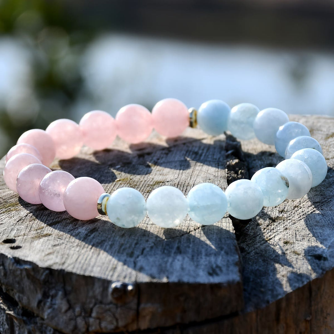 Bracelet élastique en perles d'aigue-marine et de quartz rose naturel Olivenorma