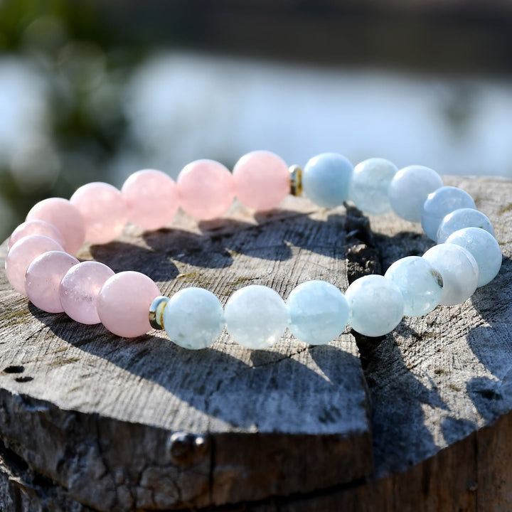 Bracelet élastique en perles d'aigue-marine et de quartz rose naturel Olivenorma