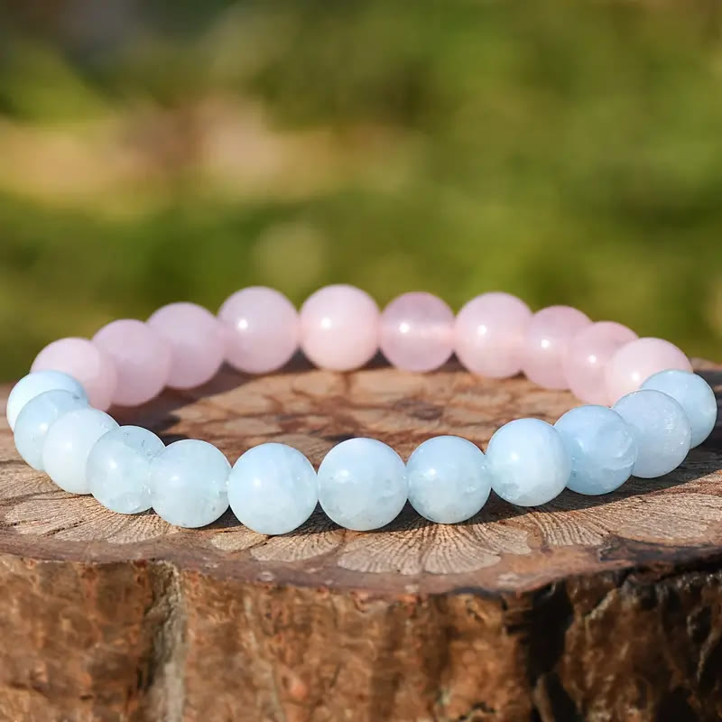 Bracelet élastique en perles d'aigue-marine et de quartz rose naturel Olivenorma