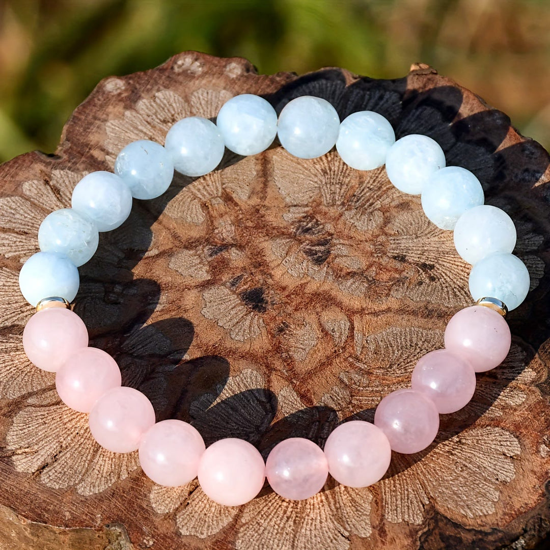 Bracelet élastique en perles d'aigue-marine et de quartz rose naturel Olivenorma