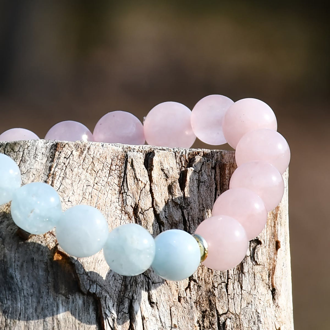 Bracelet élastique en perles d'aigue-marine et de quartz rose naturel Olivenorma