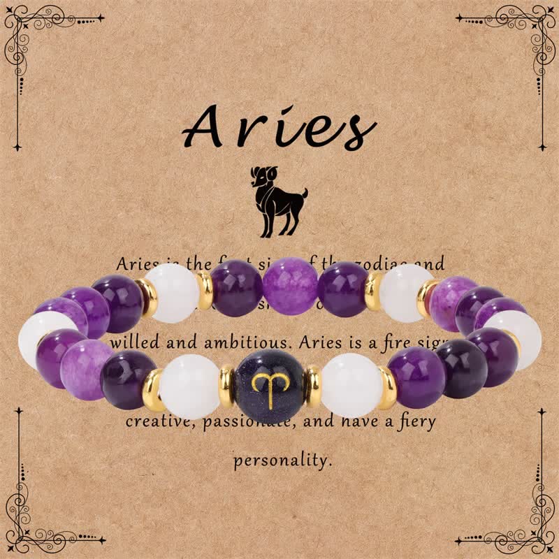 Bracelet en perles de grès bleu cristal clair améthyste Olivenorma avec signe du zodiaque