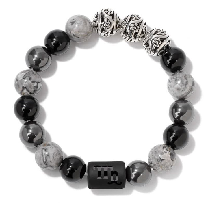 Bracelet en perles d'obsidienne, de jaspe gris et d'hématite avec signe du zodiaque Olivenorma