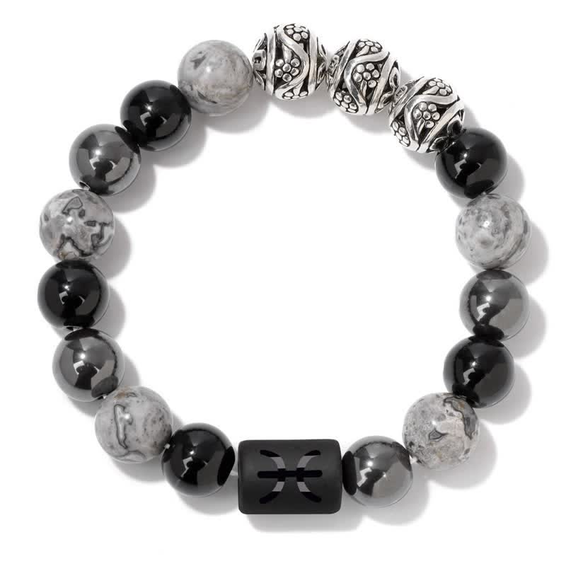 Bracelet en perles d'obsidienne, de jaspe gris et d'hématite avec signe du zodiaque Olivenorma