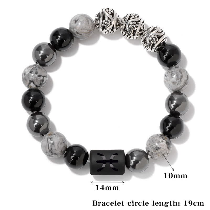 Bracelet en perles d'obsidienne, de jaspe gris et d'hématite avec signe du zodiaque Olivenorma