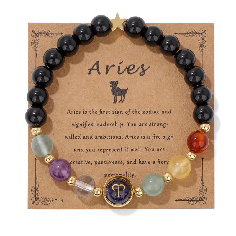 Bracelet en perles de grès bleu et onyx noir avec signe du zodiaque Olivenorma