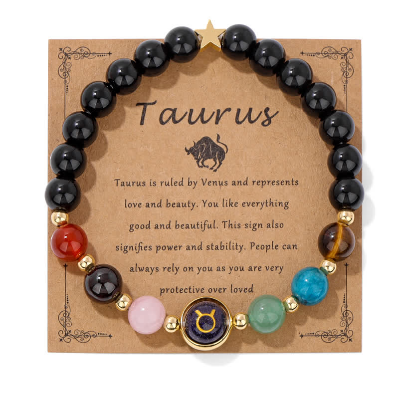Bracelet en perles de grès bleu et onyx noir avec signe du zodiaque Olivenorma
