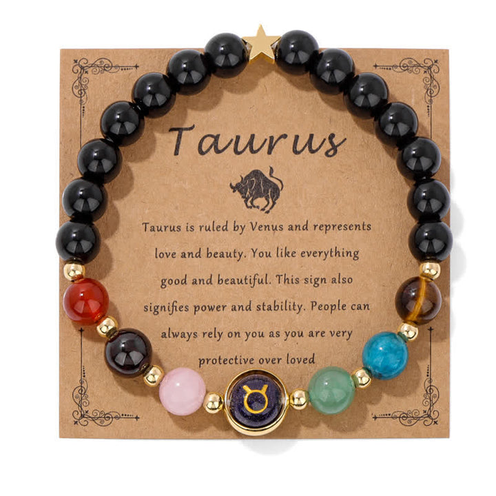Bracelet en perles de grès bleu et onyx noir avec signe du zodiaque Olivenorma