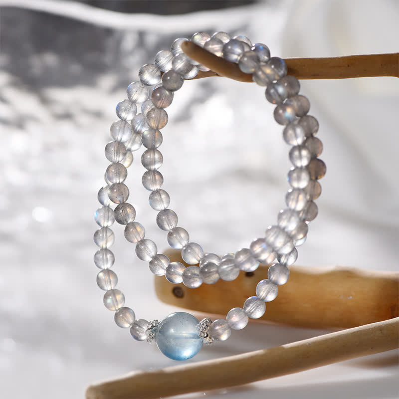 Bracelet multicouches en perles d'aigue-marine et pierre de lune Olivenorma