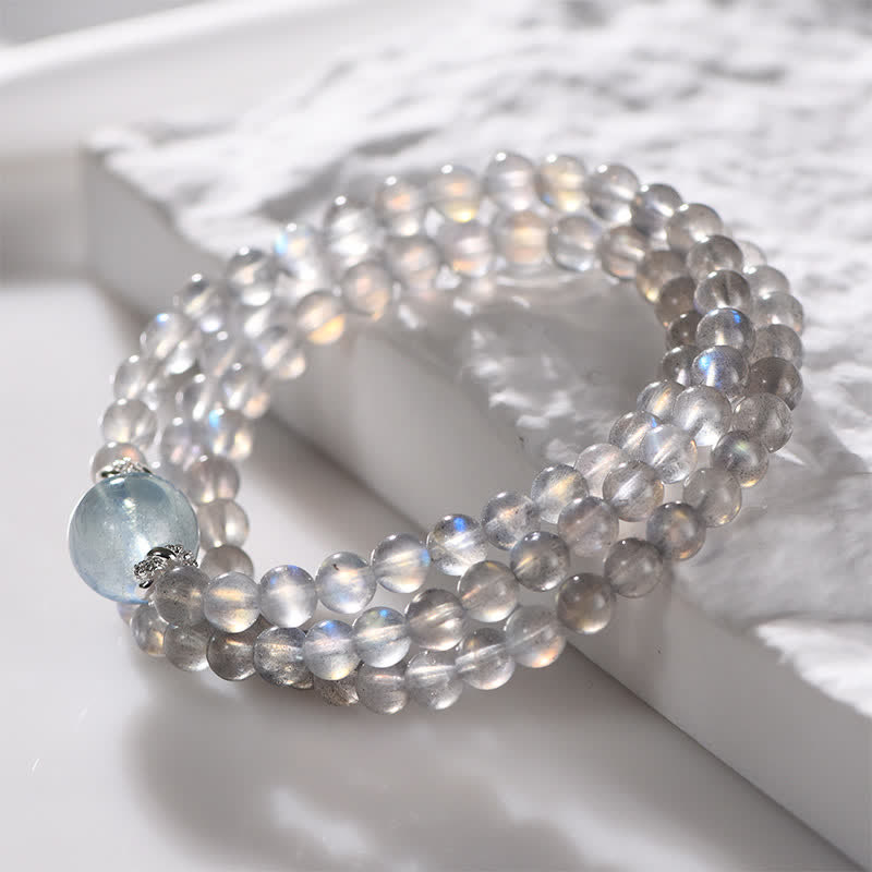 Bracelet multicouches en perles d'aigue-marine et pierre de lune Olivenorma
