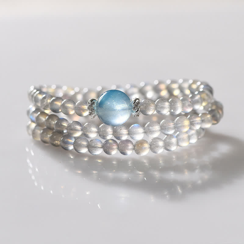 Bracelet multicouches en perles d'aigue-marine et pierre de lune Olivenorma