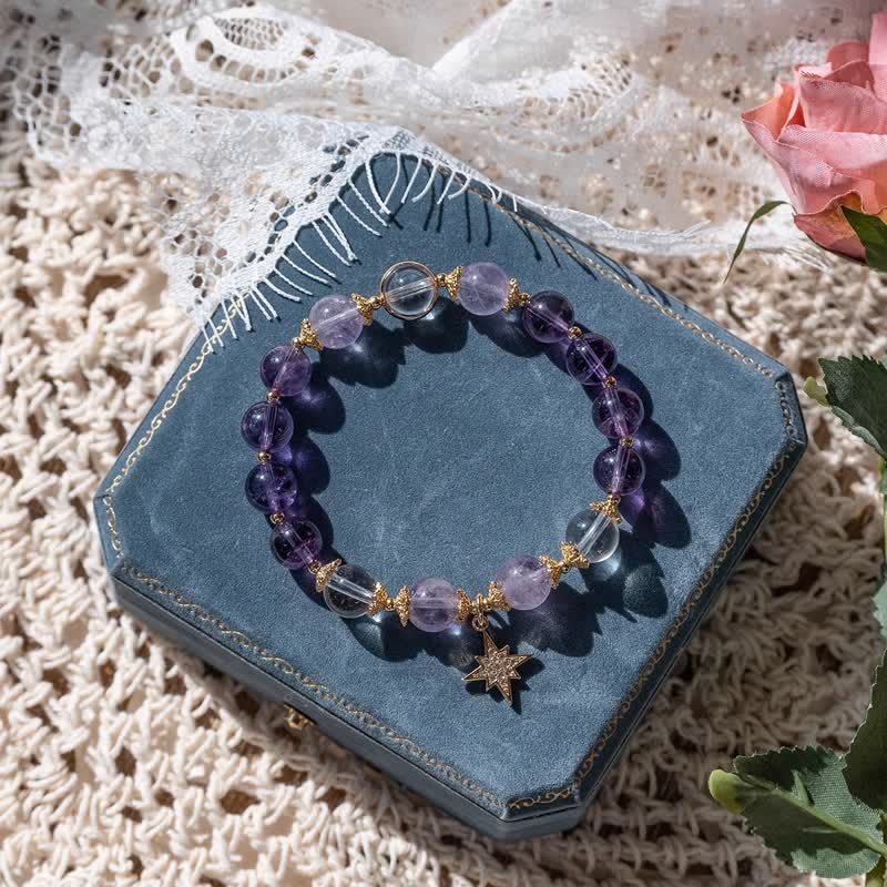 Bracelet pendentif étoile à huit branches en améthyste et lépidolite Olivenorma
