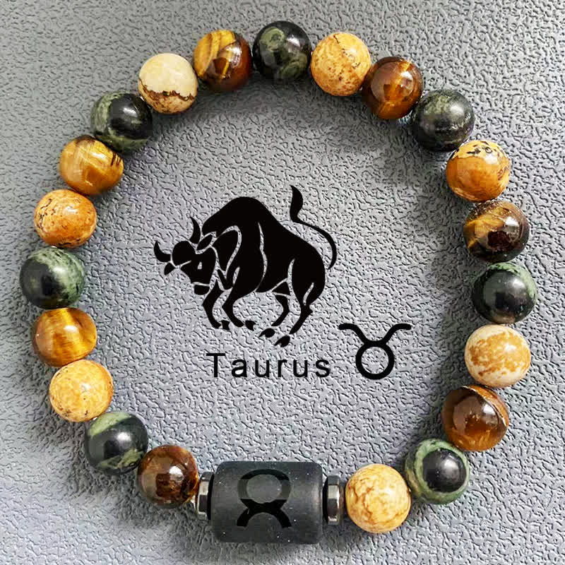 Bracelet de perles en jaspe avec image d'œil de tigre et 12 constellations du zodiaque Olivenorma