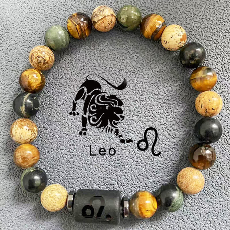 Bracelet de perles en jaspe avec image d'œil de tigre et 12 constellations du zodiaque Olivenorma