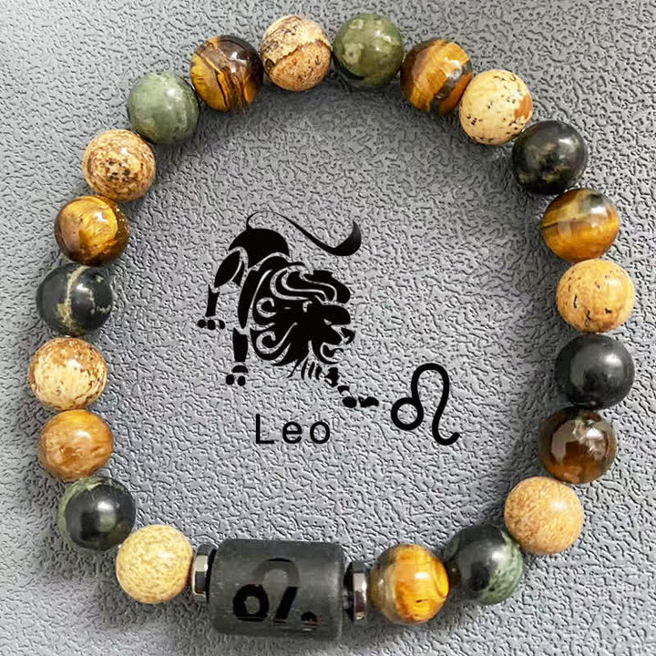 Bracelet de perles en jaspe avec image d'œil de tigre et 12 constellations du zodiaque Olivenorma