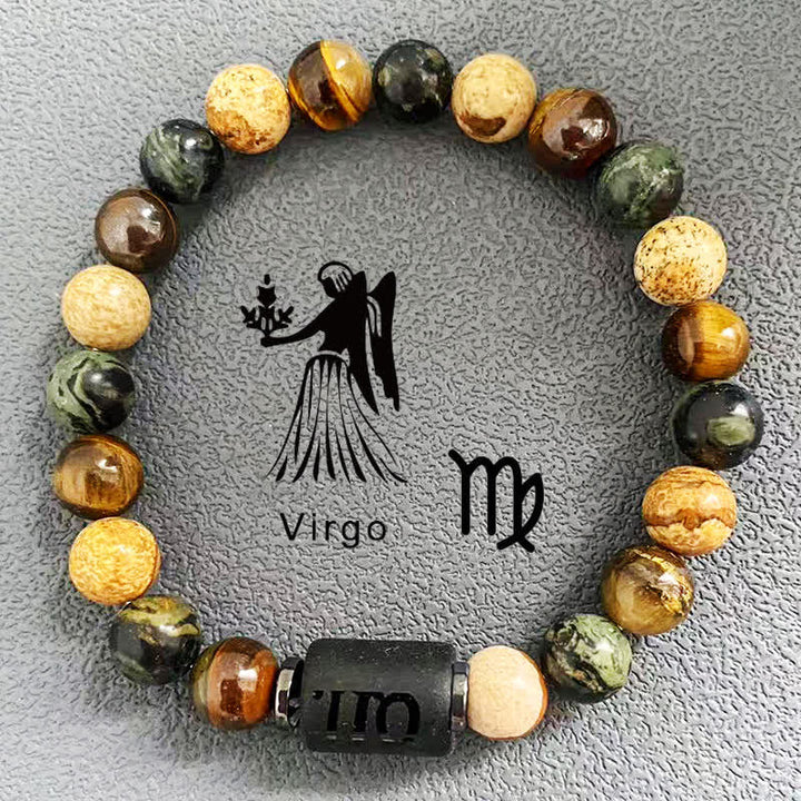 Bracelet de perles en jaspe avec image d'œil de tigre et 12 constellations du zodiaque Olivenorma