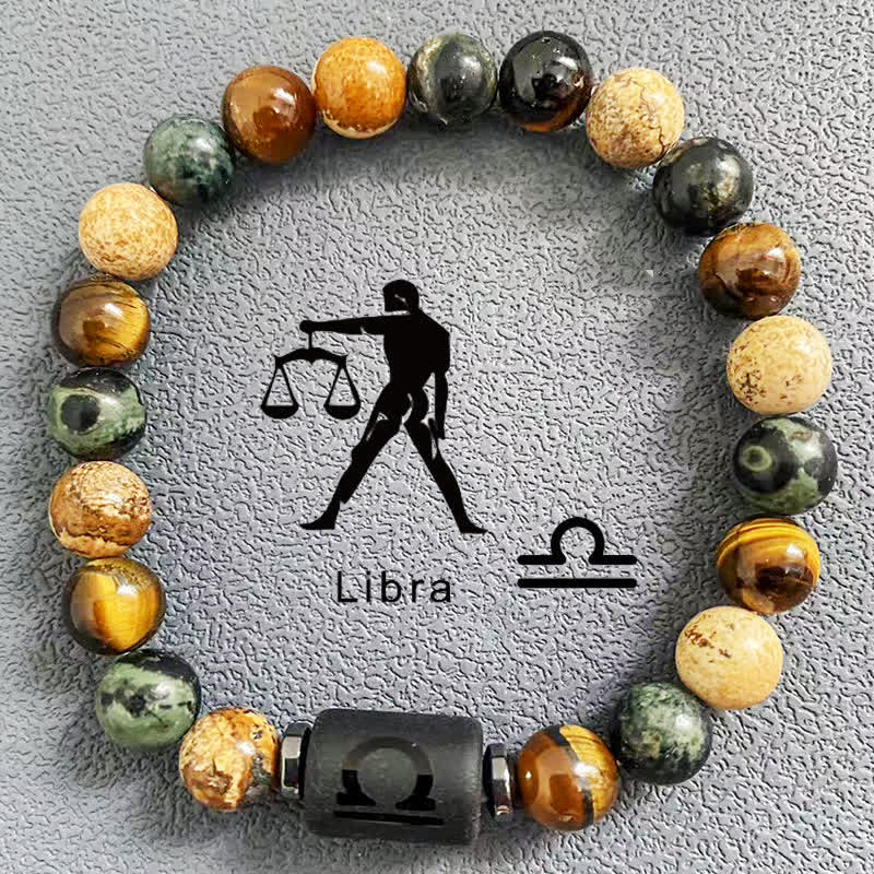 Bracelet de perles en jaspe avec image d'œil de tigre et 12 constellations du zodiaque Olivenorma