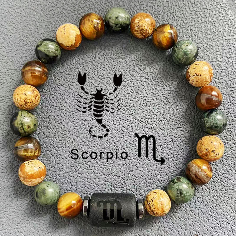 Bracelet de perles en jaspe avec image d'œil de tigre et 12 constellations du zodiaque Olivenorma
