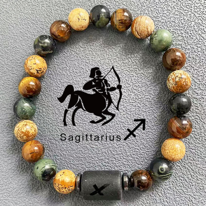 Bracelet de perles en jaspe avec image d'œil de tigre et 12 constellations du zodiaque Olivenorma
