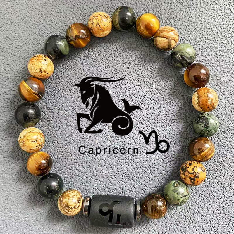 Bracelet de perles en jaspe avec image d'œil de tigre et 12 constellations du zodiaque Olivenorma