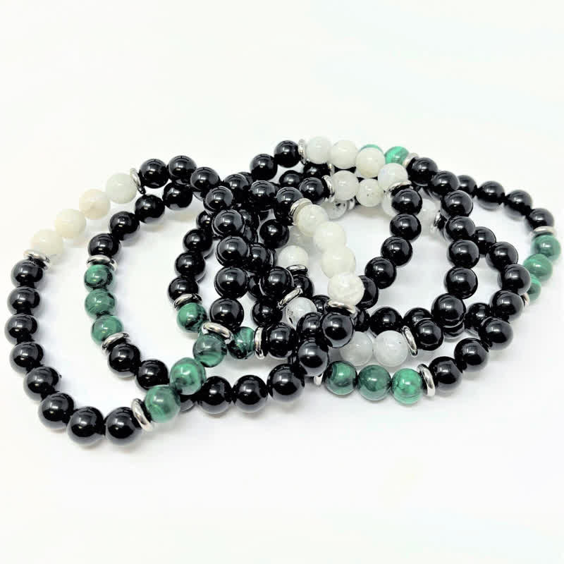 Bracelet en perles de pierre de lune, obsidienne, malachite et pierre de Olivenorma