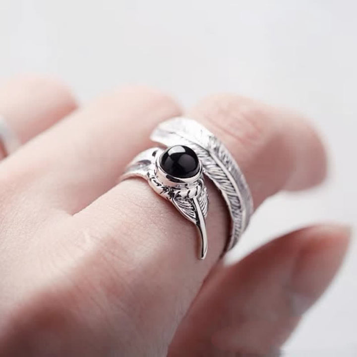 Bague ajustable en plumes d'onyx noir Hip-Hop Olivenorma