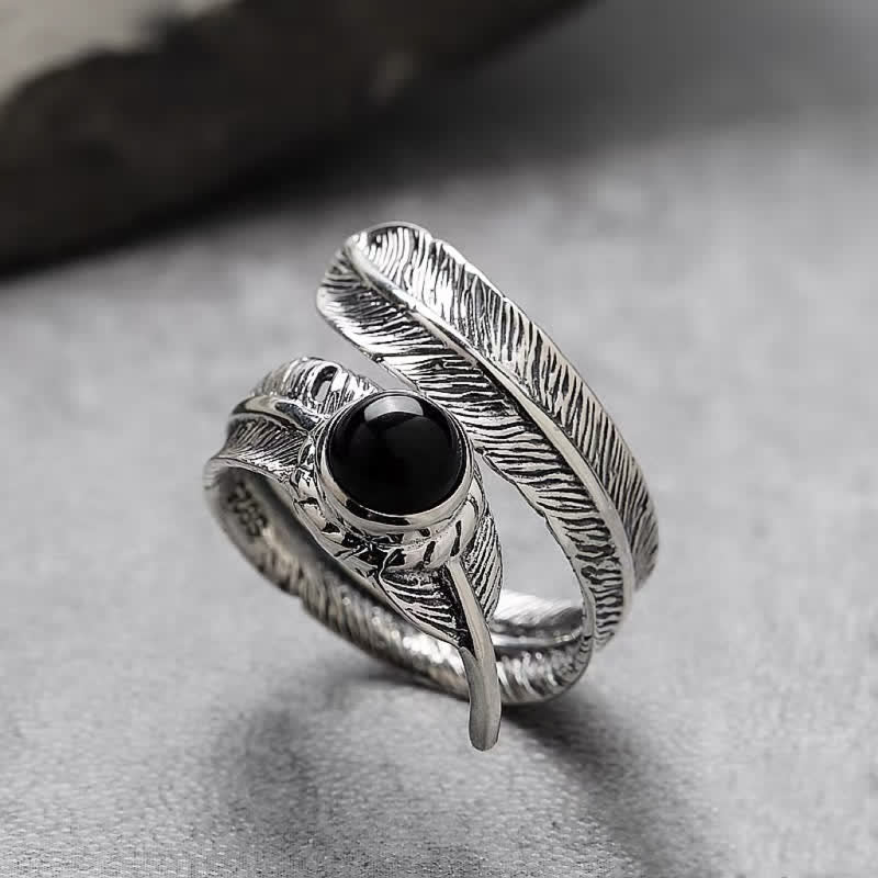 Bague ajustable en plumes d'onyx noir Hip-Hop Olivenorma