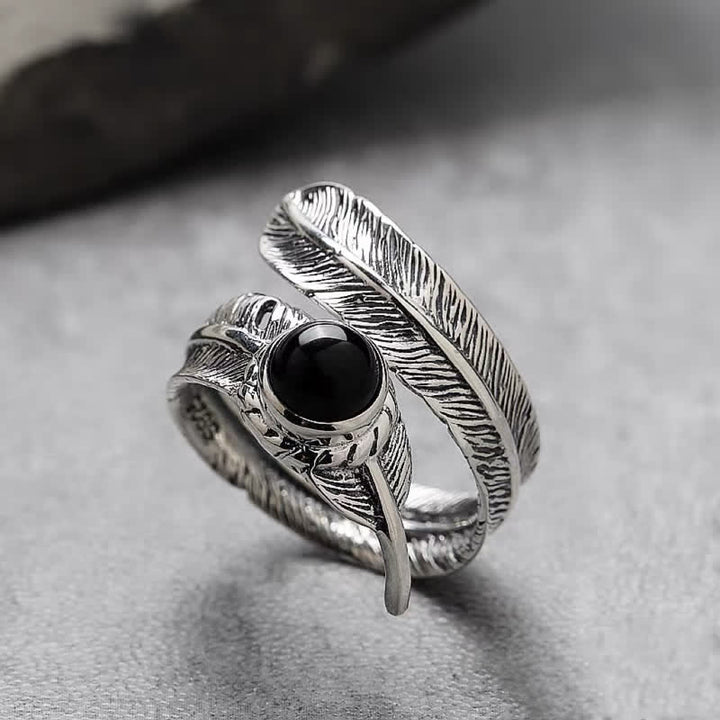Bague ajustable en plumes d'onyx noir Hip-Hop Olivenorma