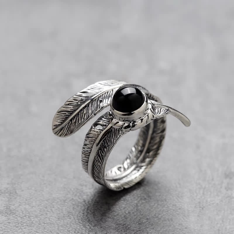 Bague ajustable en plumes d'onyx noir Hip-Hop Olivenorma